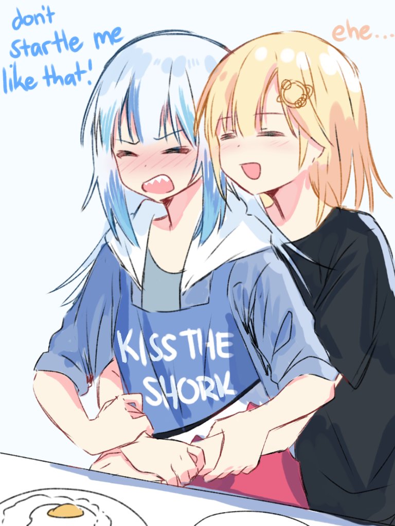 2girls apron arms_around_waist bangs black_shirt blonde_hair blue_apron blue_hair blue_hoodie blush desutruction english_commentary english_text fried_egg gawr_gura hair_ornament hand_on_another's_arm hololive hololive_english hood hood_down hoodie light_blush long_hair medium_hair monocle_hair_ornament multiple_girls plate red_apron shirt silver_hair t-shirt virtual_youtuber watson_amelia