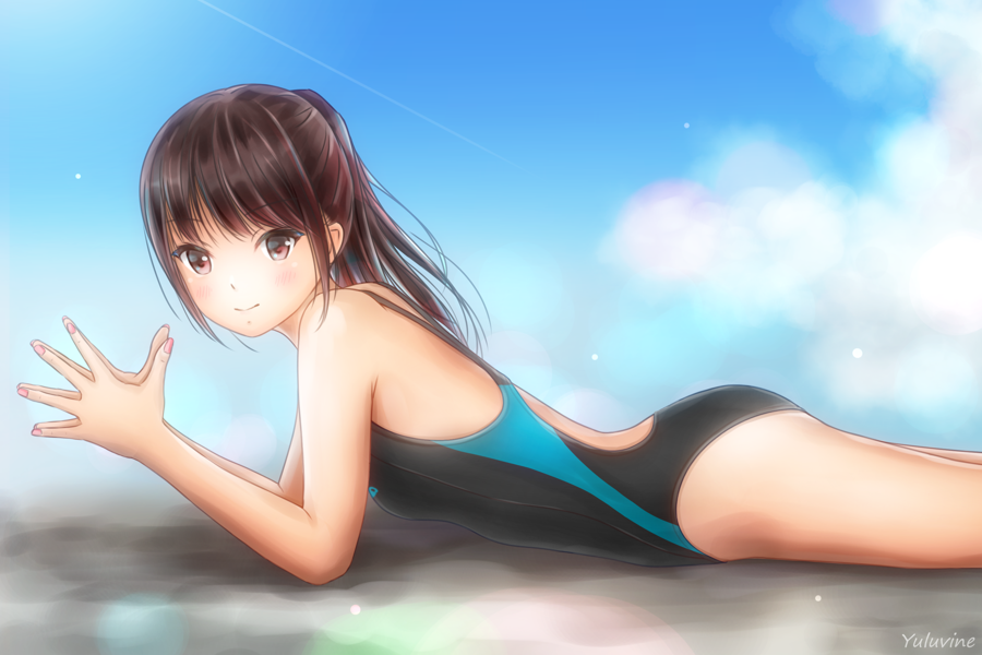 1girl artist_name blue_sky brown_eyes competition_swimsuit day feet_out_of_frame hands_together long_hair looking_at_viewer lying nail_polish on_stomach one-piece_swimsuit original outdoors pink_nails ponytail school_swimsuit sky smile swimsuit yurubine