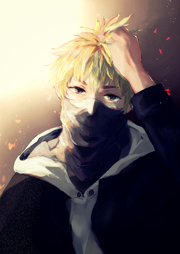 1boy bangs black_jacket blonde_hair brown_background commentary_request covered_mouth gradient gradient_background grey_eyes hand_in_hair hood hood_down hoodie jacket light light_particles long_sleeves looking_at_viewer male_focus mask mouth_mask nagachika_hideyoshi sanoi_(giraffe) short_hair solo tokyo_ghoul tokyo_ghoul:re upper_body white_hoodie