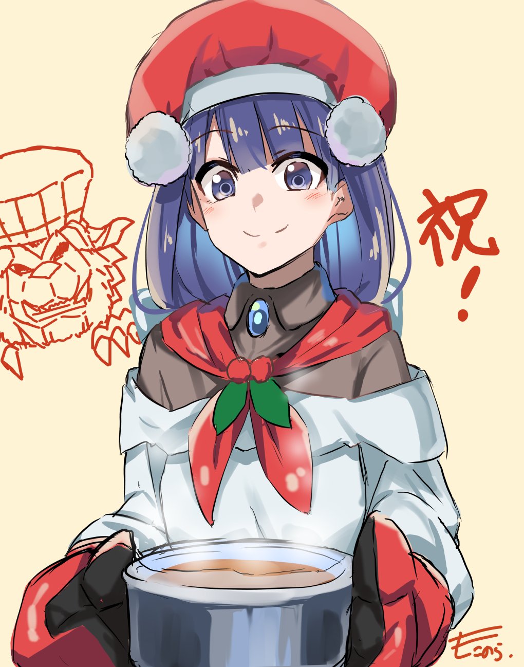 1girl chef_hat fate/grand_order fate_(series) hat highres martha_(fate) moninora oven_mitts pot purple_hair santa_hat signature smile tarrasque_(fate) violet_eyes yellow_background