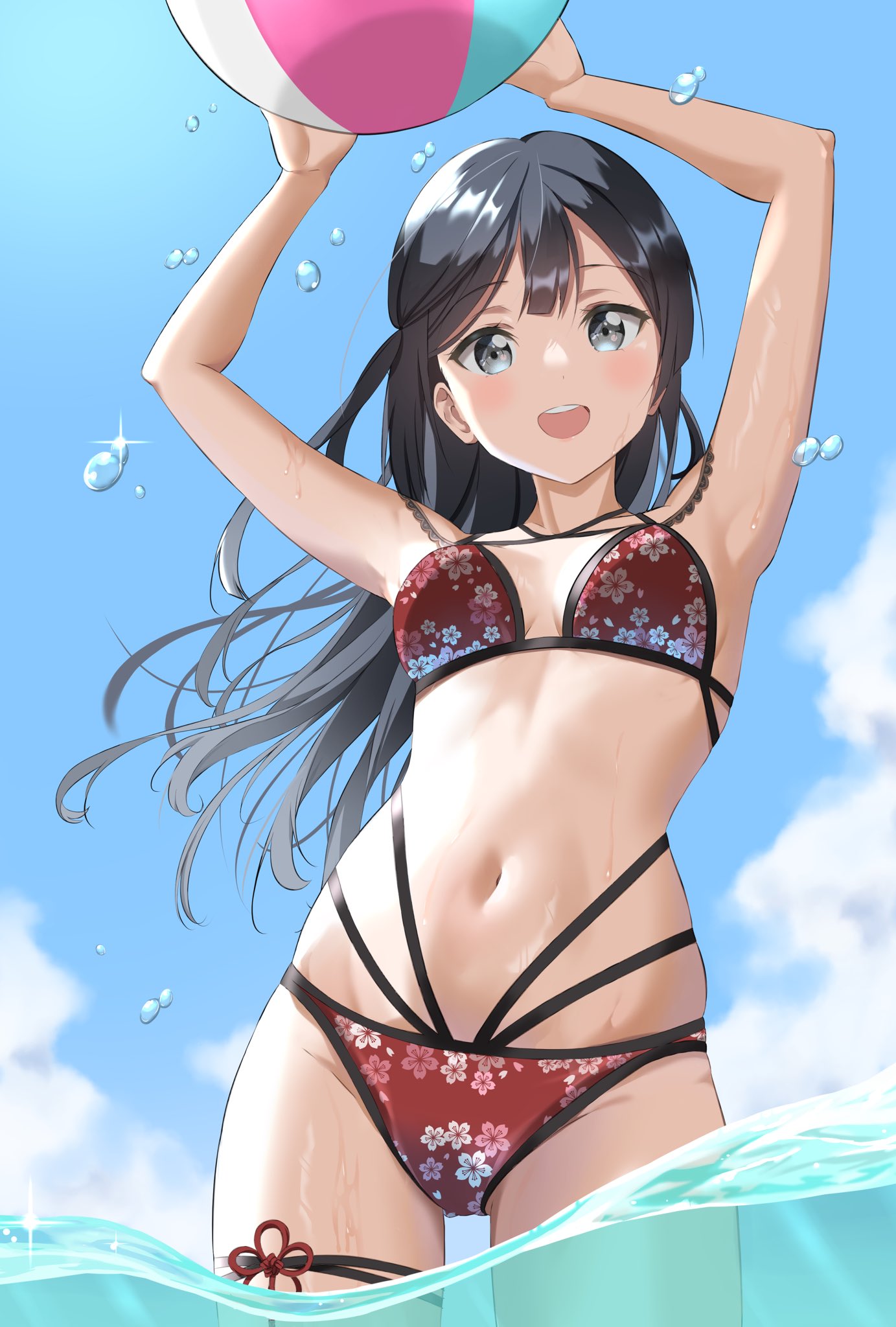 1girl ball beachball bikini black_hair breasts floral_print gorilla-shi grey_eyes highres long_hair love_live! love_live!_nijigasaki_high_school_idol_club medium_breasts navel open_mouth sky solo swimsuit water water_drop yuuki_setsuna_(love_live!)