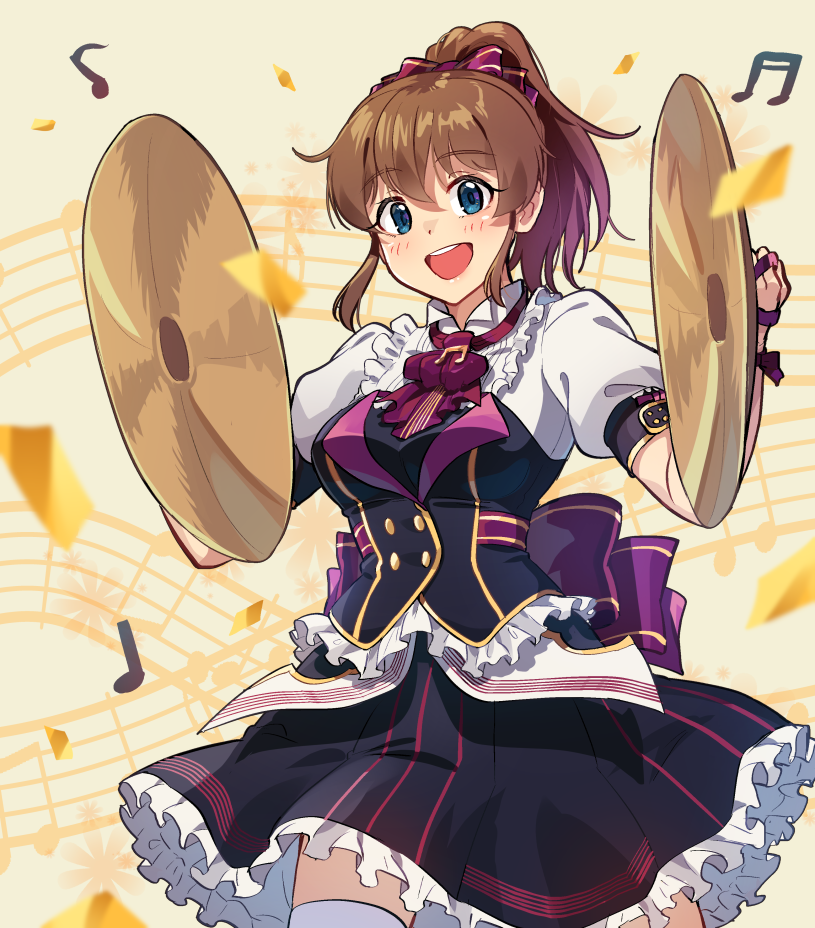1girl back_bow bangs beamed_eighth_notes black_blouse black_skirt blouse blue_eyes bow brown_hair commentary confetti cowboy_shot cymbals eighth_note english_commentary eyebrows_visible_through_hair frilled_skirt frills hair_bow holding holding_instrument idol idolmaster idolmaster_million_live! instrument kamille_(vcx68) looking_at_viewer medium_hair miniskirt mixed-language_commentary music musical_note open_mouth ponytail puffy_short_sleeves puffy_sleeves purple_bow purple_neckwear satake_minako short_sleeves skirt smile solo staff_(music) standing thigh-highs white_legwear