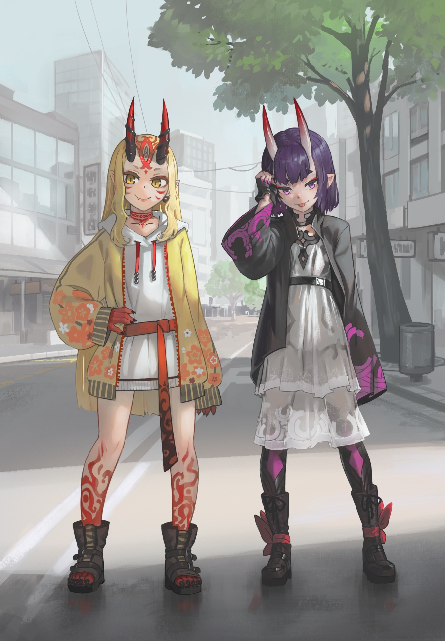 2girls :p arm_up blonde_hair boots casual city commentary contemporary english_commentary eyeshadow facial_mark fang fate/grand_order fate_(series) fingernails forehead_mark hand_on_hip highres horns ibaraki_douji_(fate) looking_at_viewer makeup multiple_girls oni oni_horns paintrfiend pink_eyes pointy_ears pose purple_hair red_eyeshadow sharp_fingernails sharp_toenails shuten_douji_(fate) skin-covered_horns skin_fang tattoo toenails tongue tongue_out yellow_eyes