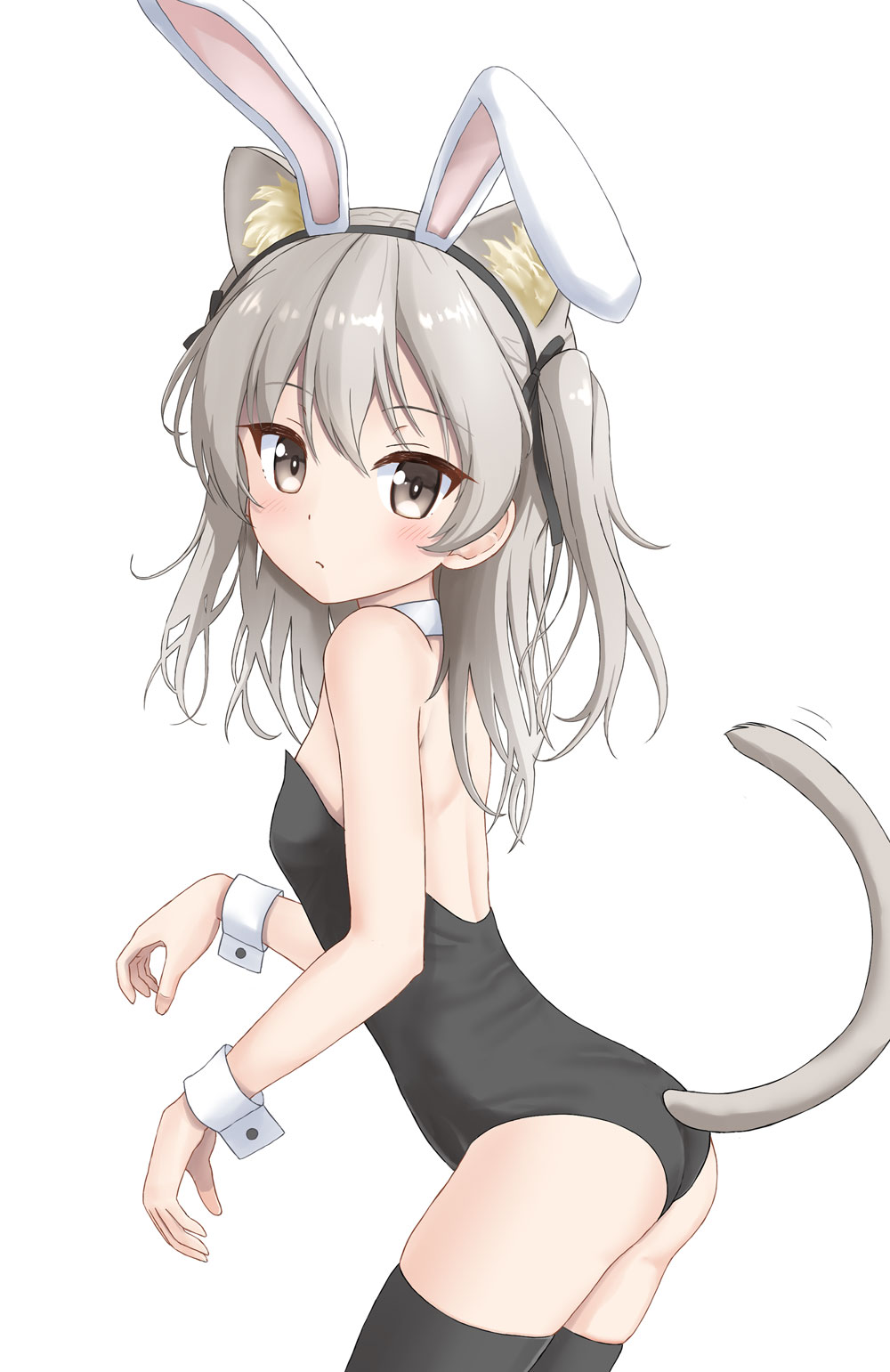 1girl animal_ear_fluff animal_ears ass bare_shoulders black_hairband black_legwear black_leotard brown_eyes cat_ears cat_girl cat_tail closed_mouth collar commentary_request detached_collar fake_animal_ears flipper girls_und_panzer grey_hair hairband highres kemonomimi_mode leotard long_hair looking_at_viewer looking_to_the_side one_side_up rabbit_ears shimada_arisu simple_background solo strapless strapless_leotard tail thigh-highs white_background white_collar wrist_cuffs