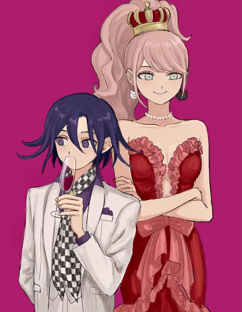 1boy 1girl bangs bead_necklace beads blonde_hair bow breasts checkered checkered_neckwear collarbone crown dangan_ronpa:_trigger_happy_havoc dangan_ronpa_(series) dangan_ronpa_10th_anniversary_costume dangan_ronpa_v3:_killing_harmony dress earrings enoshima_junko frilled_dress frills grey_jacket hair_between_eyes jacket jewelry long_hair long_sleeves looking_at_viewer necklace official_alternate_costume ouma_kokichi pink_background ponytail purple_shirt red_bow red_dress renshu_usodayo shiny shiny_hair shirt simple_background sleeveless sleeveless_dress smile strapless strapless_dress vest white_jacket white_vest