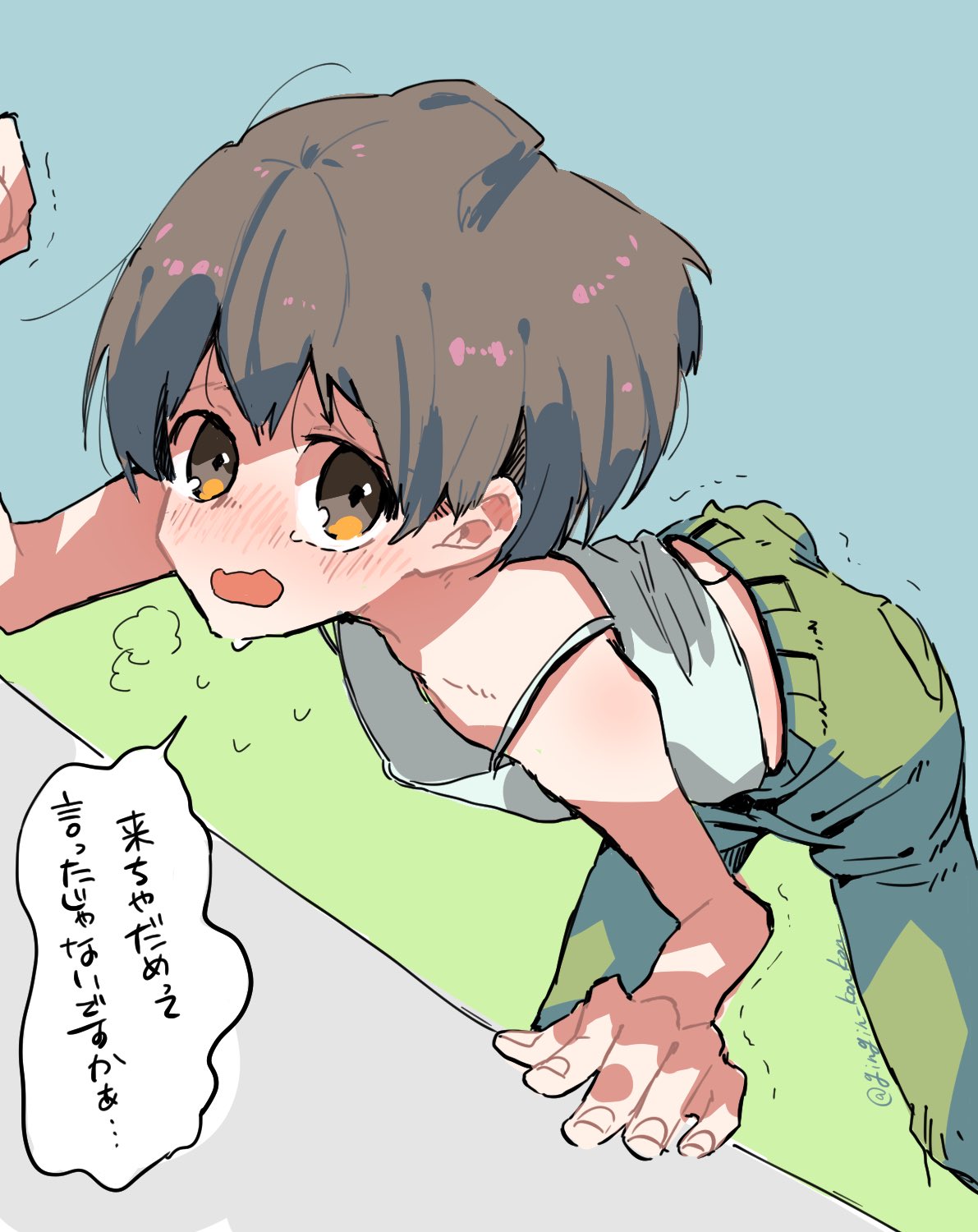 1girl anata_horuko arm_support back_peek bangs bare_shoulders bent_over blue_camisole blush brown_eyes brown_hair camisole cargo_pants clenched_hand commentary eyebrows_visible_through_hair green_pants hair_between_eyes hair_strand hand_up heavy_breathing highres looking_at_viewer messy_hair nose_blush open_mouth original pants short_hair sketch sweat translated trembling twitter_username yucchi_(kotoba_zombie)