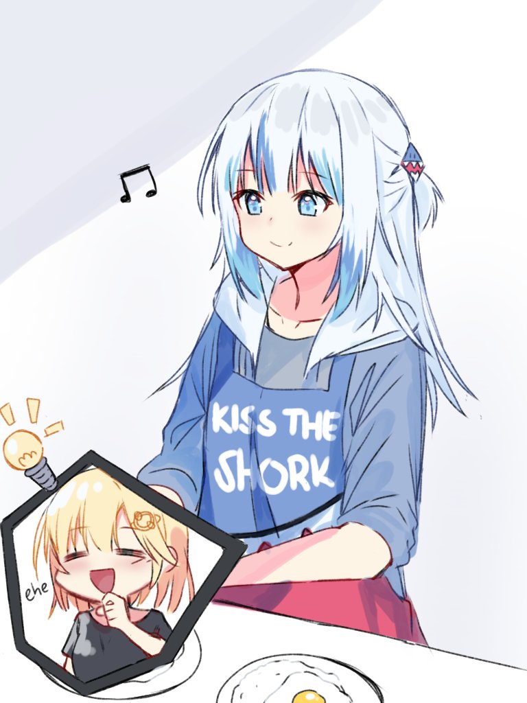 2girls =_= apron black_shirt blonde_hair blue_apron blue_eyes blue_hair blue_hoodie commentary desutruction eighth_note english_commentary fried_egg gawr_gura hair_ornament hololive hololive_english hood hoodie light_bulb long_hair medium_hair monocle_hair_ornament multicolored_hair multiple_girls musical_note plate red_apron shark_hair_ornament shirt silver_hair sleeves_rolled_up t-shirt two-tone_hair virtual_youtuber watson_amelia