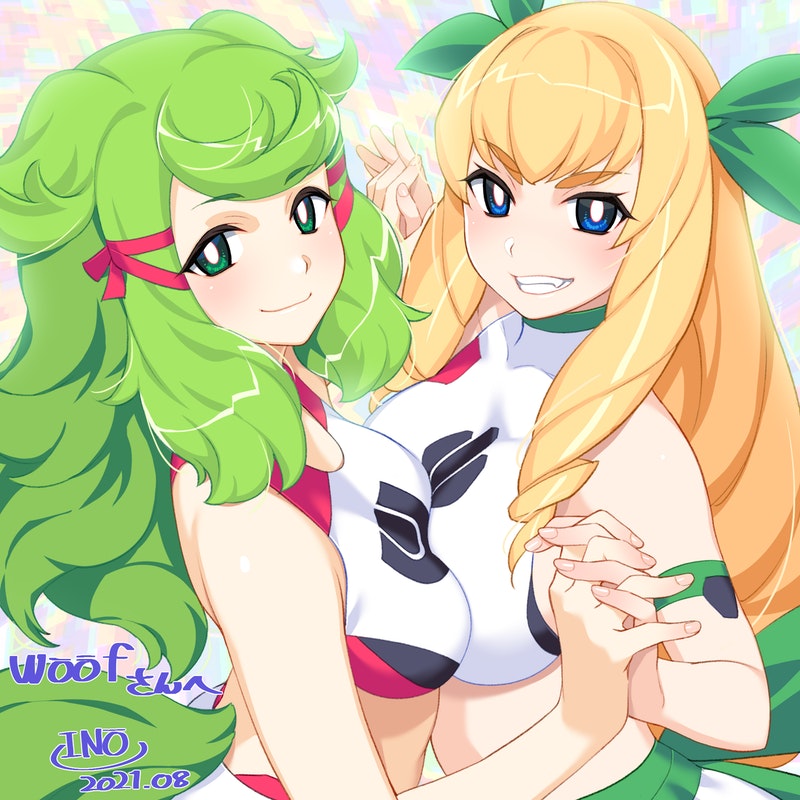 2girls blonde_hair blue_eyes borrowed_character commission drill_hair eyebrows_visible_through_hair green_eyes green_hair green_tail ino looking_at_viewer marielle_(woofycakes) multiple_girls original quad_drills skeb_commission sports_bra strapless thick_eyebrows tiger_(woofycakes) tubetop white_sports_bra