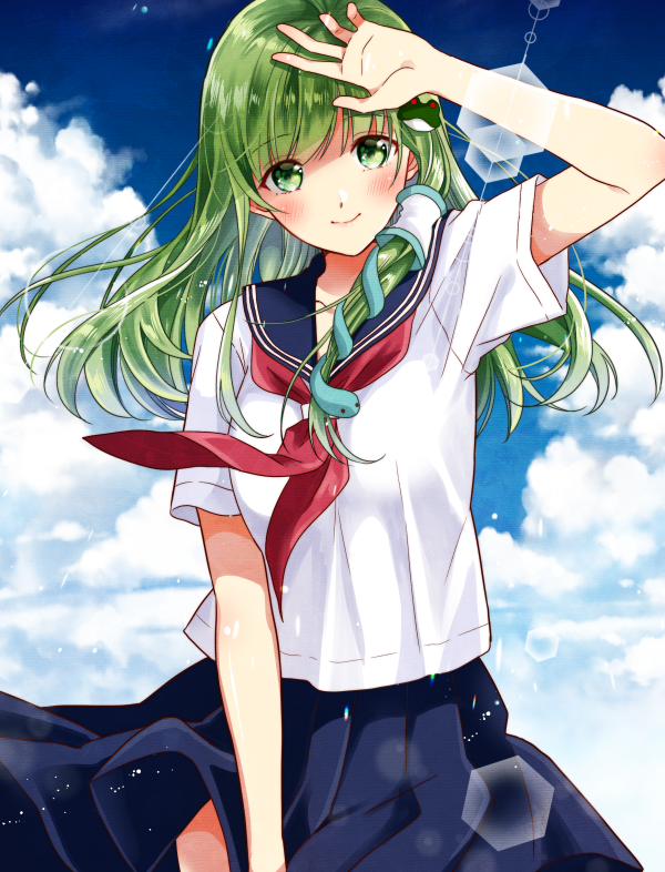 1girl alternate_costume blue_skirt blue_sky blush breasts closed_mouth clouds cloudy_sky commentary cowboy_shot day eyebrows_visible_through_hair floating_hair frog_hair_ornament green_eyes green_hair hair_ornament hair_tubes kochiya_sanae lens_flare long_hair looking_at_viewer medium_breasts miniskirt okawa_friend outdoors pleated_skirt red_neckwear sailor_collar school_uniform serafuku shading_eyes shirt short_sleeves sidelocks skirt sky smile snake_hair_ornament solo touhou white_shirt wind