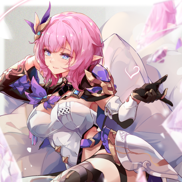 1girl armpit_peek asymmetrical_sleeves bangs blue_eyes blush breasts brooch closed_mouth elbow_gloves elysia_(honkai_impact) gloves hair_ornament honkai_(series) honkai_impact_3rd jewelry large_breasts looking_at_viewer medium_hair pink_hair pointy_ears single_glove smile solo