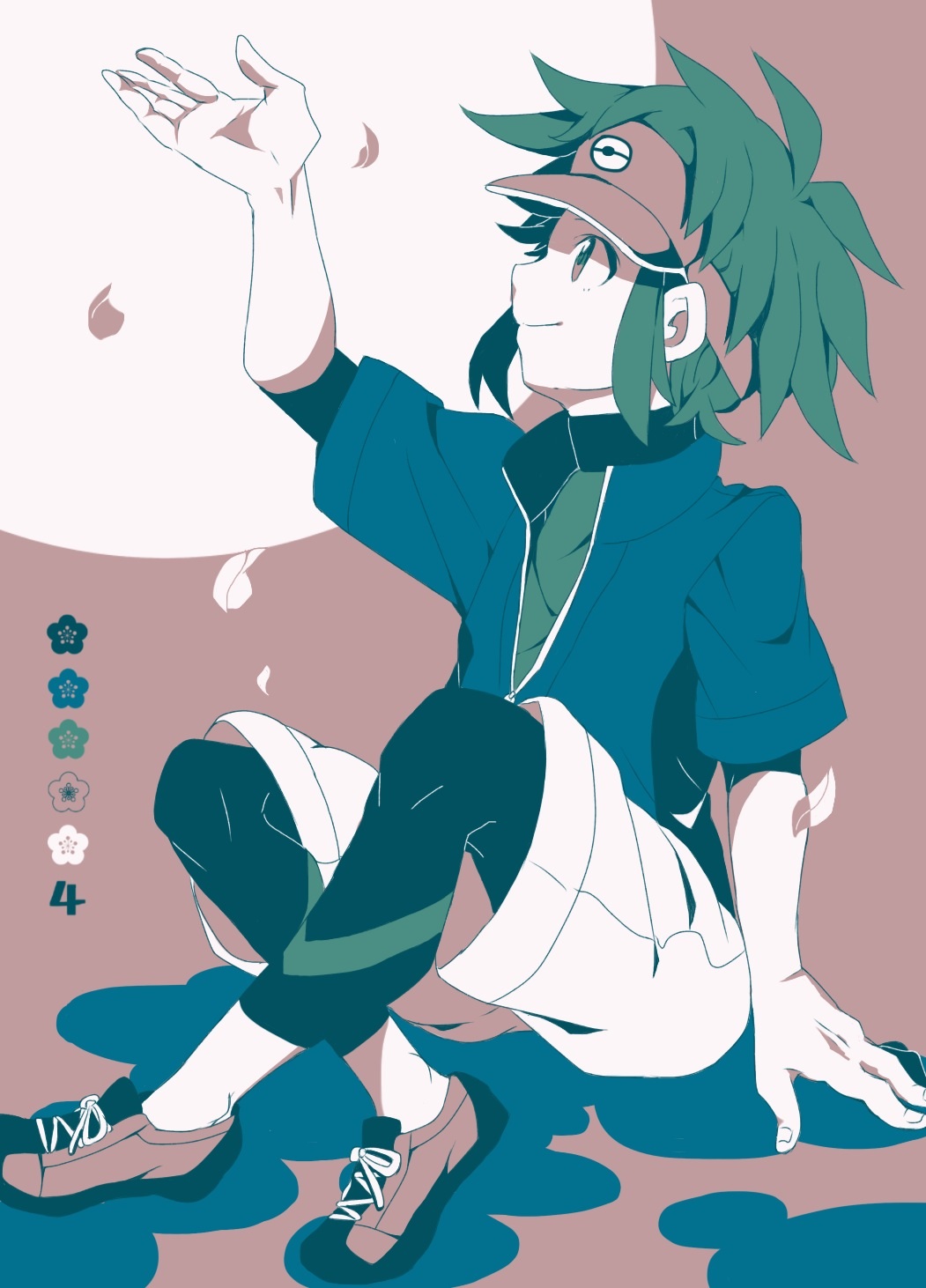 1boy aoya_(ayoyame18) arm_up black_bodysuit blue_jacket bodysuit brown_eyes closed_mouth commentary_request green_hair high_collar highres jacket looking_up male_focus nate_(pokemon) partially_unzipped petals poke_ball_print pokemon pokemon_(game) pokemon_bw2 red_headwear shoelaces shoes short_hair short_sleeves shorts sitting smile solo visor_cap white_shorts