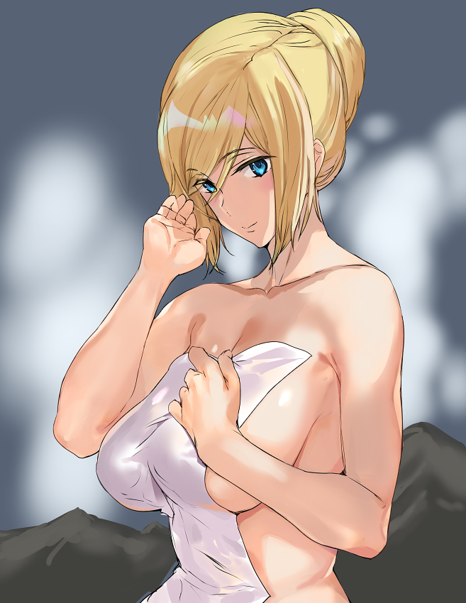 1girl ashiomi_masato blonde_hair blue_eyes blush breasts closed_mouth guilty_gear guilty_gear_xrd hair_bun large_breasts looking_at_viewer millia_rage naked_towel short_hair smile solo steam towel