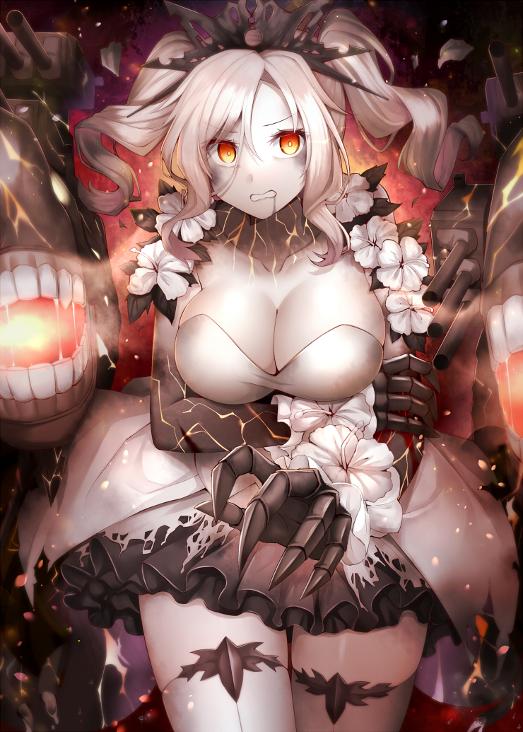 1girl abyssal_ship breasts cannon colored_skin dress drill_hair flower_armlet kantai_collection large_breasts new_light_cruiser_princess orange_eyes revision rigging rui_shi_(rayze_ray) short_dress sidelocks solo thigh-highs turret twin_drills twintails white_hair white_legwear white_skin