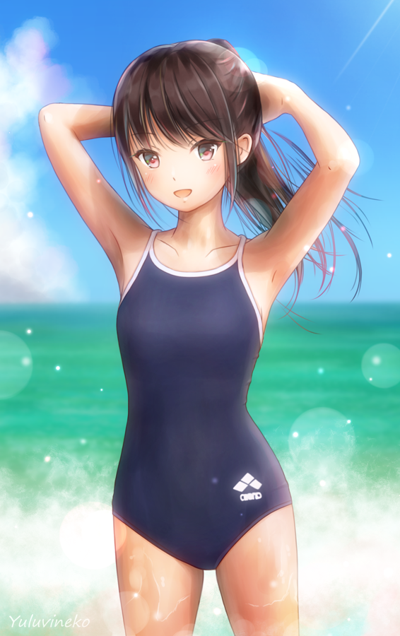 1girl adjusting_hair armpits arms_up artist_name beach blue_sky blue_swimsuit blush breasts brown_eyes brown_hair competition_school_swimsuit competition_swimsuit day lens_flare one-piece_swimsuit original outdoors ponytail school_swimsuit sky small_breasts solo standing swimsuit water yurubine