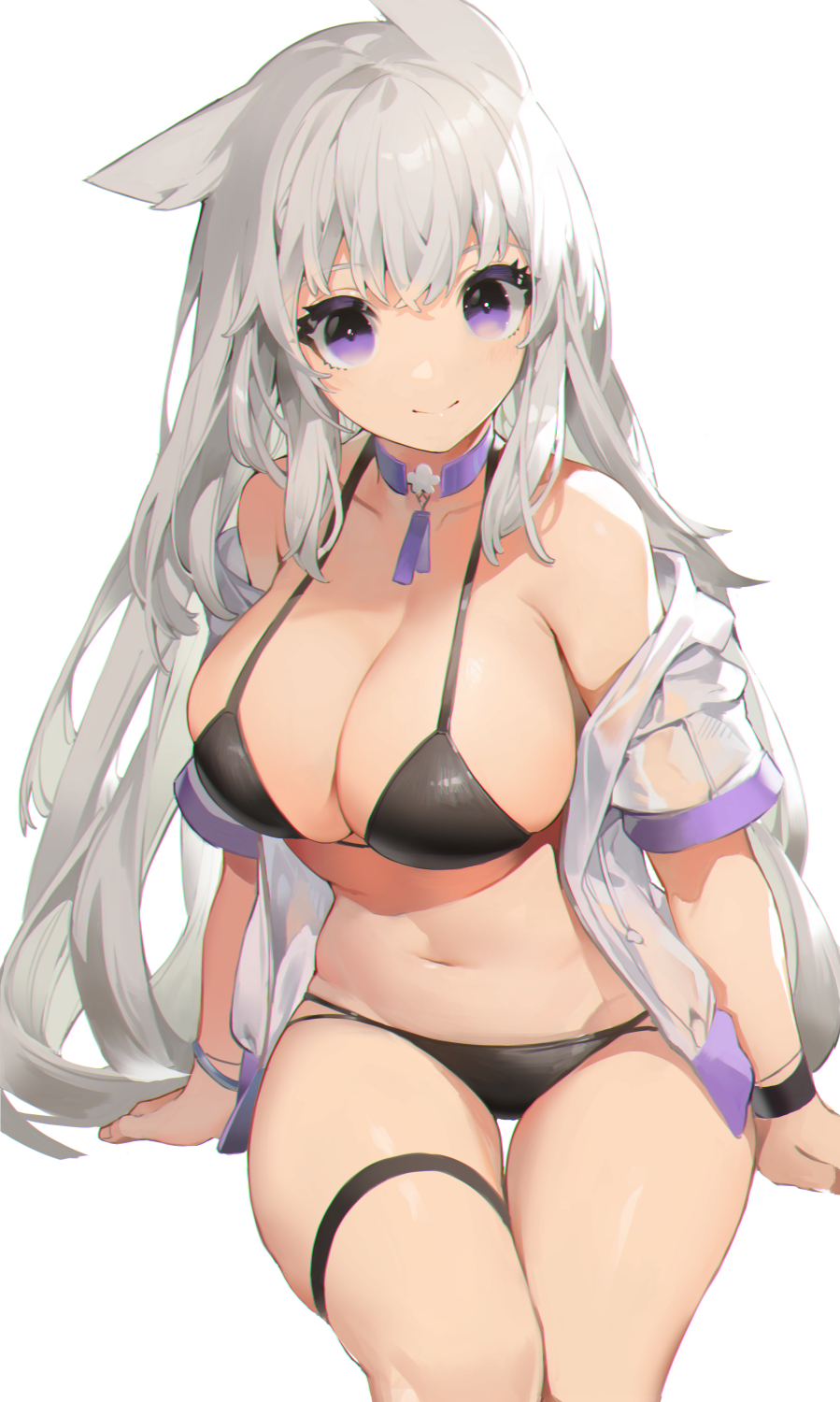 1girl akizone animal_ears bangs bare_shoulders bikini breasts choker closed_mouth halterneck highres large_breasts leg_garter long_hair looking_at_viewer multi-strapped_bikini navel off_shoulder original purple_choker simple_background sitting smile solo stomach string_bikini swimsuit thigh_strap thighs violet_eyes white_background white_hair