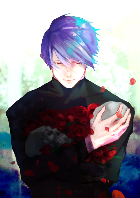 1boy bangs black_sweater blue_background blue_hair closed_mouth commentary_request flower half-closed_eyes holding holding_flower holding_skull long_sleeves looking_down male_focus multicolored multicolored_background petals red_eyes red_flower red_rose rose sanoi_(giraffe) shiny shiny_hair short_hair skull solo sweater tokyo_ghoul tsukiyama_shuu upper_body white_background