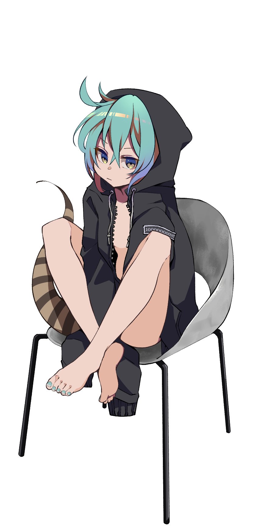 alternate_costume bare_legs barefoot black_hoodie blue_eyes blue_hair blue_nails casual eyebrows_visible_through_hair highres hood hood_down hoodie kemono_friends long_sleeves looking_at_viewer nail_polish nanana_(nanana_iz) open_clothes open_hoodie short_hair snake_tail tail tsuchinoko_(kemono_friends)