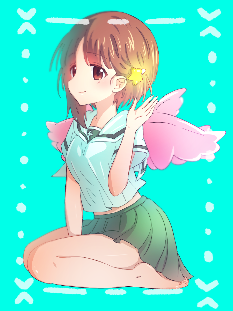 1girl angel_wings bangs barefoot blouse brown_eyes brown_hair closed_mouth commentary_request eyebrows_visible_through_hair fake_wings girls_und_panzer green_skirt hair_ornament highres midriff_peek miniskirt nishizumi_miho no_neckwear ooarai_school_uniform pleated_skirt rurikoke sailor_collar school_uniform serafuku short_hair short_sleeves sitting skirt smile solo star_(symbol) star_hair_ornament summer_uniform wariza white_blouse white_sailor_collar wings yuri