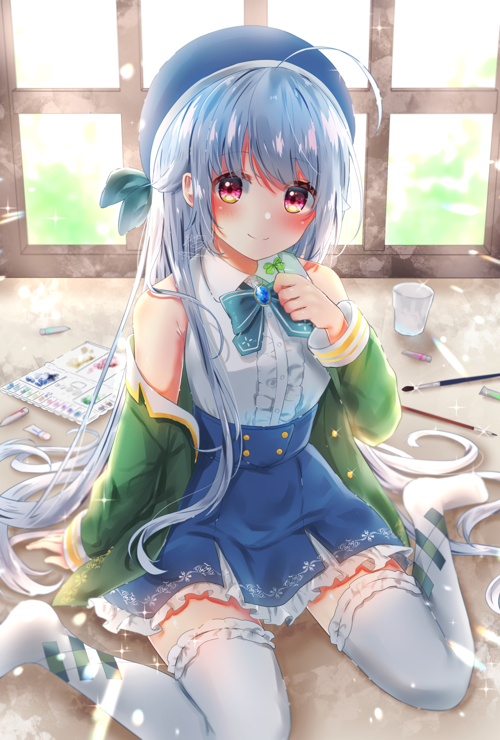 1girl ahoge blue_bow blue_headwear blue_skirt blush bow brooch clover cup four-leaf_clover frilled_skirt frills green_jacket grey_hair happi_(michiru_donut) highres holding_clover indoors jacket jewelry long_hair looking_at_viewer michiru_donut original paintbrush shirt sitting skirt sleeveless sleeveless_shirt smile solo thigh-highs very_long_hair wariza white_legwear window