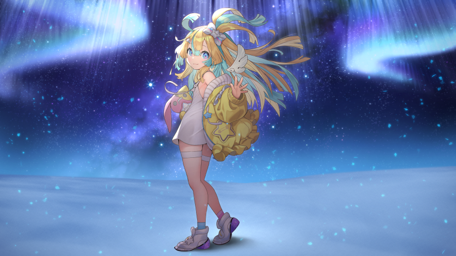1girl amakawa_hano aqua_hair aurora bettle_(b_s_a_n) blonde_hair blue_eyes bow dress full_body hair_between_eyes hair_bow holding holding_stuffed_toy jacket long_hair multicolored_hair night night_sky official_art outdoors re:act shoes sky sleeveless sleeveless_dress sneakers snow solo standing stuffed_animal stuffed_toy thigh_strap two-tone_hair virtual_youtuber white_bow white_dress yellow_jacket