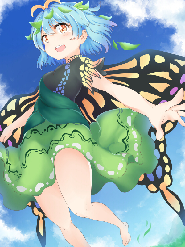1girl antennae bare_legs barefoot blush brown_eyes butterfly_wings clouds dress eternity_larva eyebrows_visible_through_hair eyelashes green_dress hair_ornament happy leaf leaf_hair_ornament leaf_on_head light_blue_hair multicolored multicolored_clothes multicolored_dress nagomian open_mouth outdoors short_hair short_sleeves single_strap touhou wings yellow_eyes yellow_wings