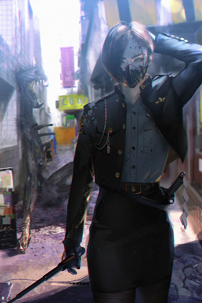 1girl alley arm_behind_head baton_(weapon) black_hair black_jacket black_skirt blood blood_on_clothes blood_on_face buttons expandable_baton jacket looking_at_viewer mask monster mouth_mask original pantyhose pencil_skirt police police_badge police_uniform policewoman short_hair sign skirt tomono_rui uniform victory weapon whistle