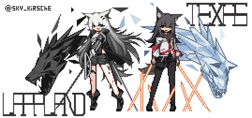 2girls animal_ears arknights bare_legs black_footwear black_hair black_legwear black_shorts character_name commentary_request dual_wielding elite_ii_(arknights) energy_sword full_body gradient_hair grey_hair hair_between_eyes hair_ornament hairclip holding lappland_(arknights) legwear_under_shorts long_hair looking_at_viewer multicolored_hair multiple_girls open_mouth originium_arts_(arknights) oripathy_lesion_(arknights) pantyhose pixel_art planted planted_sword shirt shorts simple_background sky_kirsche standing sword tail texas_(arknights) transparent_background twitter_username weapon white_shirt wolf_ears wolf_girl wolf_tail