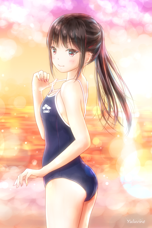 1girl artist_name ass blue_swimsuit brown_eyes brown_hair competition_swimsuit long_hair one-piece_swimsuit original outdoors pink_nails ponytail school_swimsuit sidelocks smile standing strap_lift sunset swimsuit yurubine