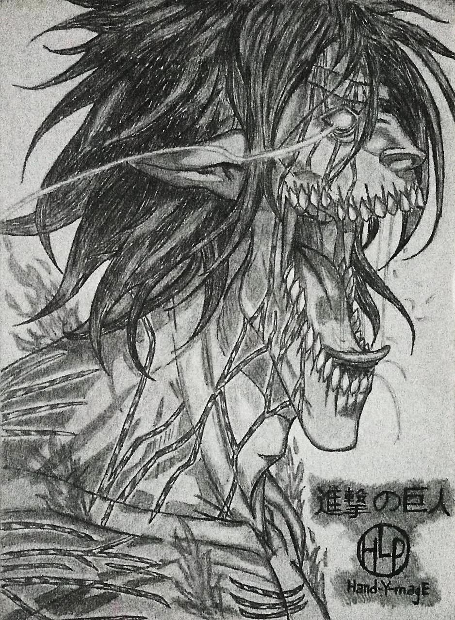 artist_logo attack_titan burn_scar drawing eren_yeager face fire glowing glowing_eyes hand-y-mage highres monochrome rogue_titan scar shaded_face sharp_ears sharp_teeth shingeki_no_kyojin short_hair sketch teeth tongue tongue_out upper_body