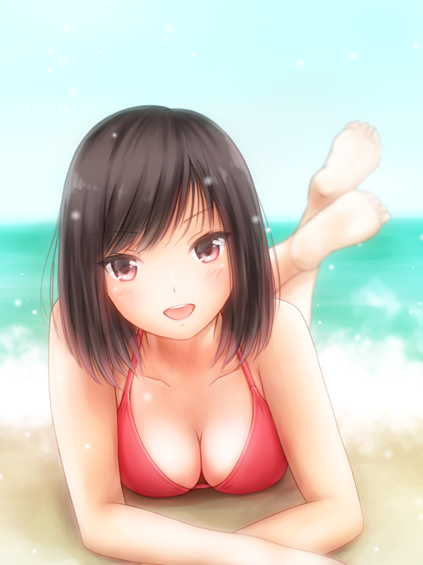 1girl :d barefoot beach bikini black_hair blue_sky blurry blurry_background blush breasts brown_eyes day hands_out_of_frame lying medium_breasts ocean on_stomach open_mouth original outdoors red_bikini red_swimsuit sky smile solo swimsuit water yuluvine