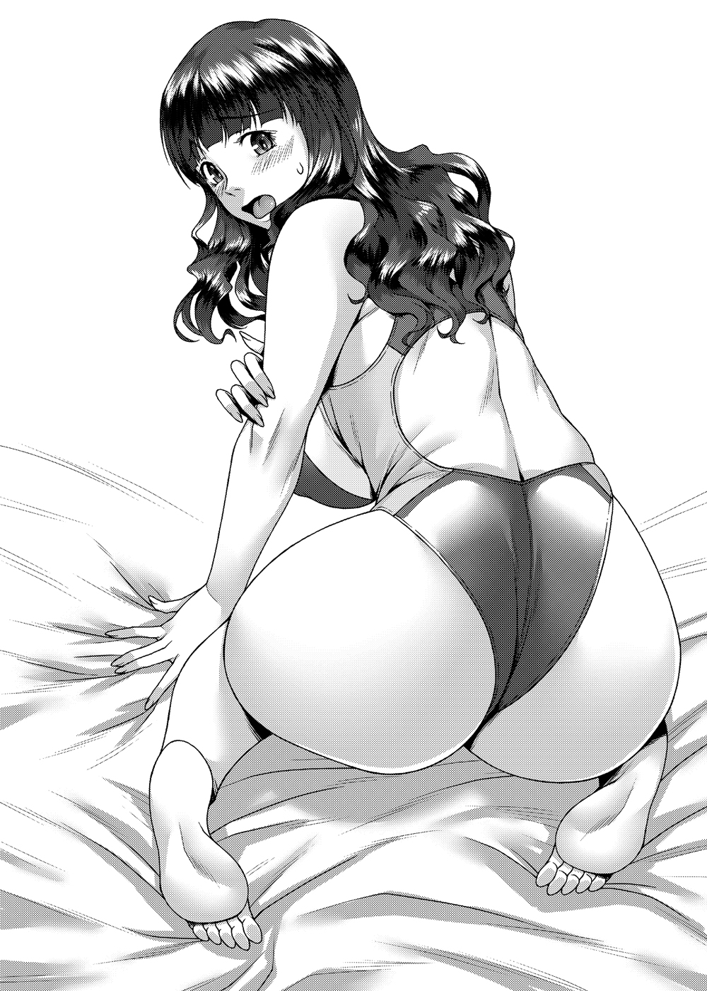 1girl ass ayato back_cutout bangs barefoot bed_sheet blunt_bangs blush clothing_cutout commentary competition_swimsuit eyebrows_visible_through_hair from_behind girls_und_panzer greyscale hand_on_own_arm highres kneeling long_hair looking_at_viewer looking_back monochrome on_bed one-piece_swimsuit open_mouth solo sweatdrop swimsuit takebe_saori textless