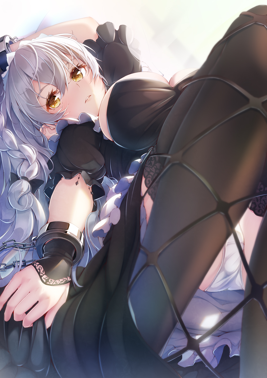 1girl arm_up azur_lane black_dress braid breasts dress fishnets hermione_(azur_lane) highres imo_bouya lace-trimmed_legwear lace_trim large_breasts long_hair looking_at_viewer lying on_back panties puffy_short_sleeves puffy_sleeves short_sleeves solo thigh-highs underwear white_hair white_panties wrist_cuffs yellow_eyes