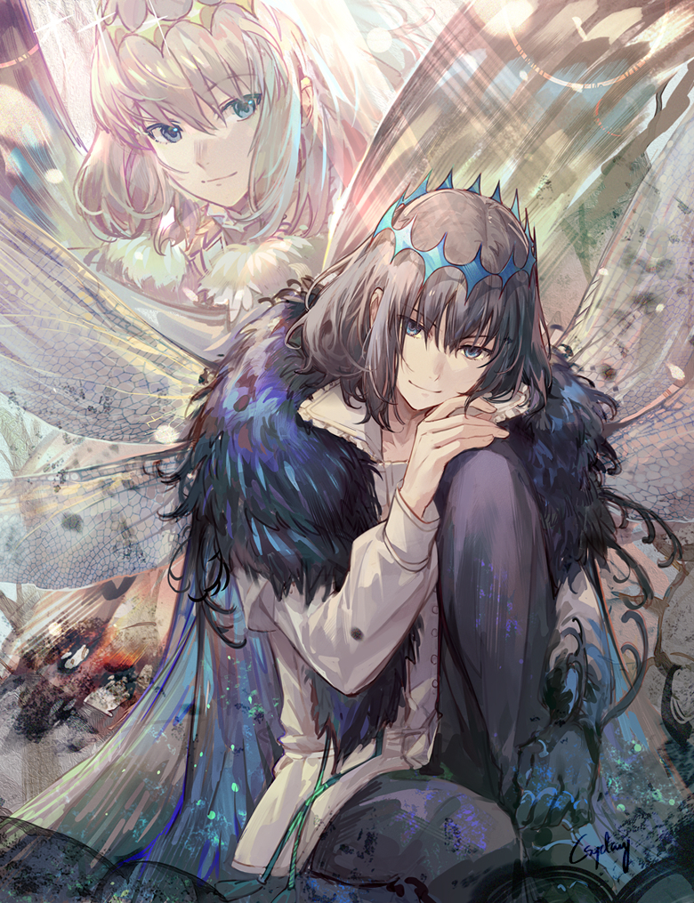 bangs black_gloves black_hair blue_eyes butterfly_wings cape cloak closed_mouth coat crown csyday diamond_hairband eyebrows_visible_through_hair fate/grand_order fate_(series) fur-trimmed_jacket fur_trim gloves grey_hair hair_between_eyes hand_on_own_knee jacket looking_at_viewer medium_hair multiple_persona oberon_(fate) pants shiny short_hair single_glove sitting smile spoilers wings