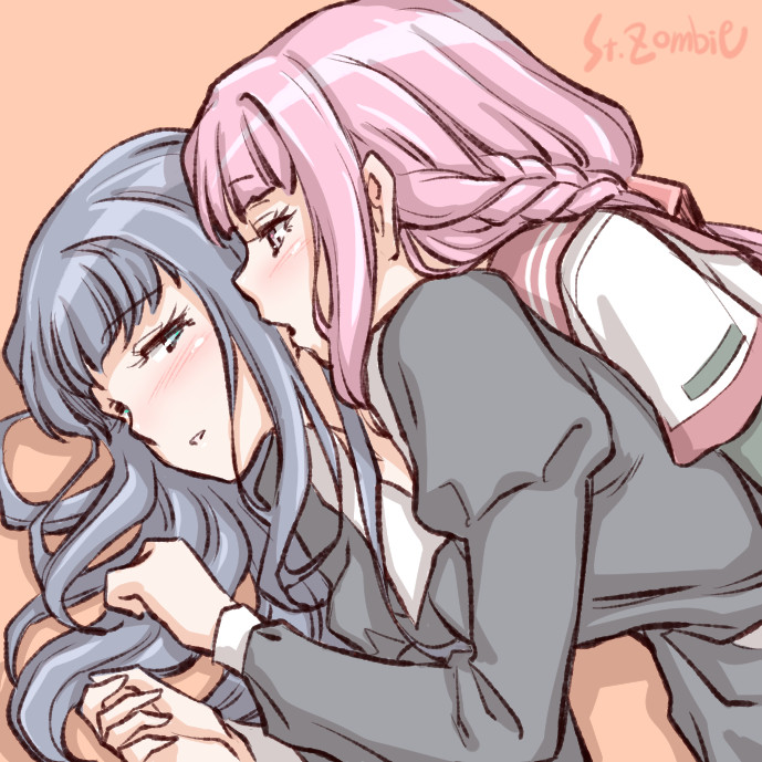 2girls artist_name behind_another blue_hair blush braid long_hair lying magia_record:_mahou_shoujo_madoka_magica_gaiden mahou_shoujo_madoka_magica multiple_girls nanami_yachiyo on_side open_mouth pink_hair school_uniform studiozombie yuri