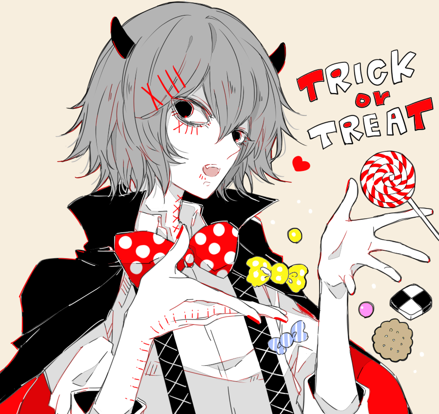 1boy awara_kayu bangs black_cape black_eyes bow brown_background candy cape commentary_request fangs food hair_between_eyes hair_ornament hairclip hands_up horns lollipop looking_at_viewer nail_polish open_mouth pale_skin polka_dot polka_dot_bow red_bow red_cape red_nails shirt short_hair simple_background solo stitches suspenders suzuya_juuzou tokyo_ghoul trick_or_treat two-sided_cape two-sided_fabric upper_body x_hair_ornament