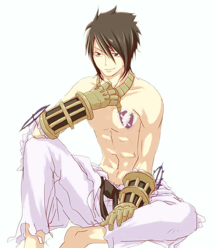 1boy asymmetrical_hair bangs barefoot belt black_belt black_eyes black_gloves black_hair closed_mouth commentary_request emblem foot_out_of_frame gauntlets gloves hair_between_eyes jewelry looking_at_viewer male_focus mit_(necomit) necklace no_nipples pants ragnarok_online shirtless short_hair shura_(ragnarok_online) simple_background sitting smile solo white_background white_pants