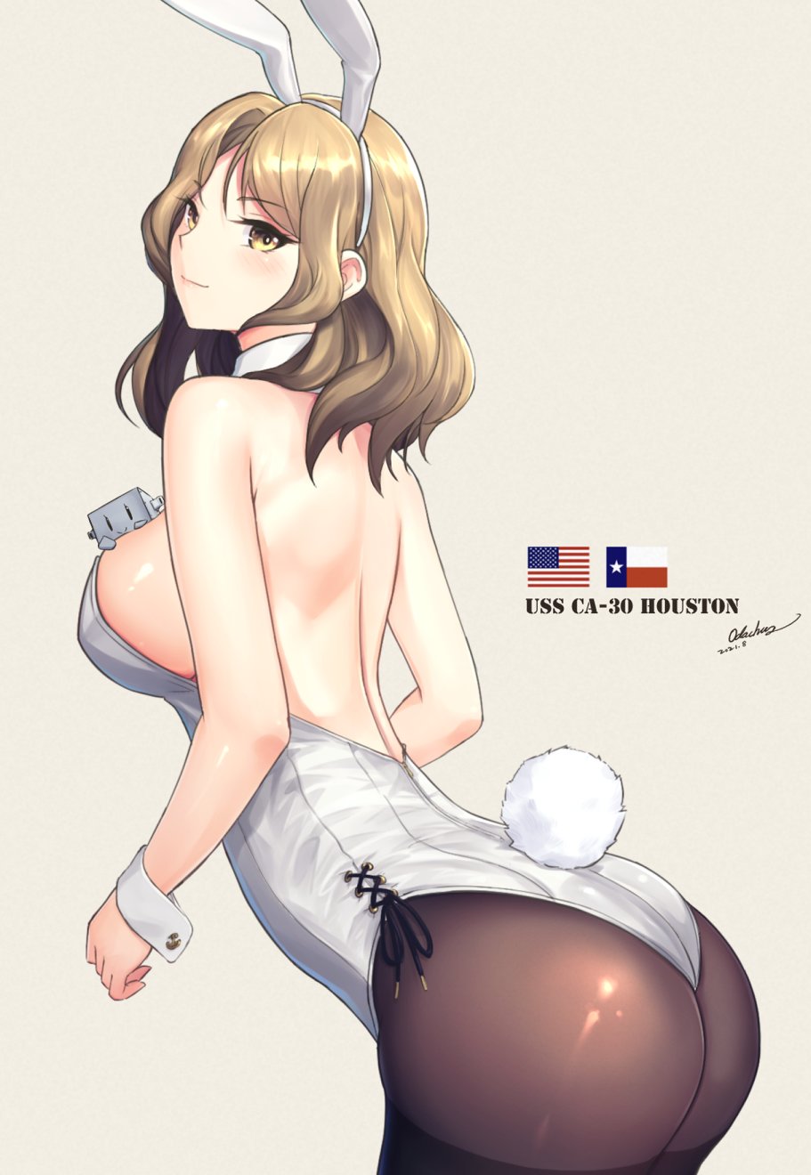 1girl alternate_costume american_flag animal_ears ass black_legwear bow bowtie breasts brown_eyes character_name commentary creature detached_collar english_commentary highres houston_(kancolle) kantai_collection large_breasts leaning_forward leotard light_brown_hair looking_at_viewer medium_breasts odachu pantyhose playboy_bunny rabbit_ears rabbit_tail simple_background solo standing strapless strapless_leotard tail texas_flag white_background white_leotard wrist_cuffs