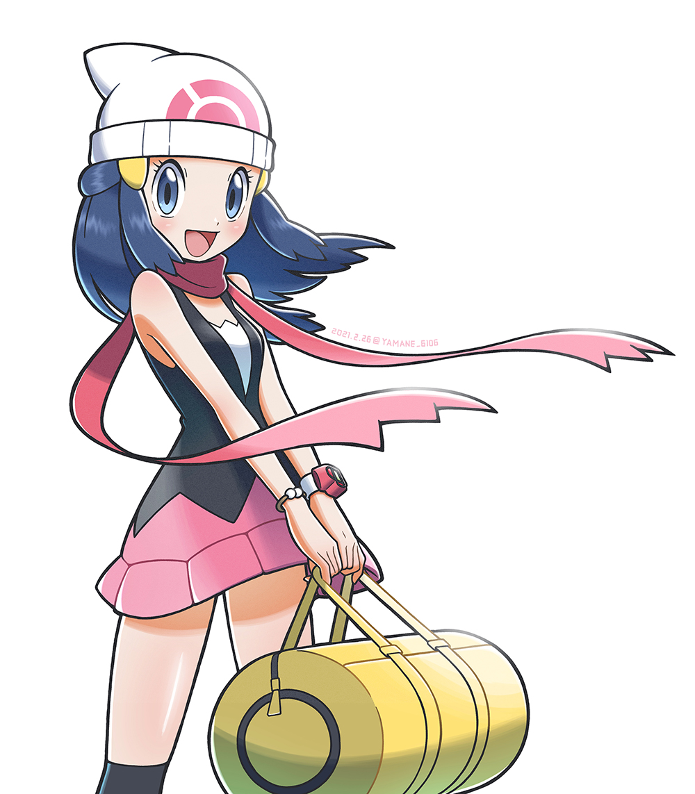 1girl :d bag beanie blue_eyes blue_hair blush bracelet commentary_request dated hikari_(pokemon) duffel_bag eyelashes floating_hair floating_scarf hair_ornament hairclip hat holding holding_bag jewelry long_hair miniskirt open_mouth over-kneehighs pink_scarf pink_skirt pokemon pokemon_(game) pokemon_dppt scarf shiny shiny_skin shirt skirt sleeveless sleeveless_shirt smile solo thigh-highs tongue white_headwear yamane_(viq4201) yellow_bag