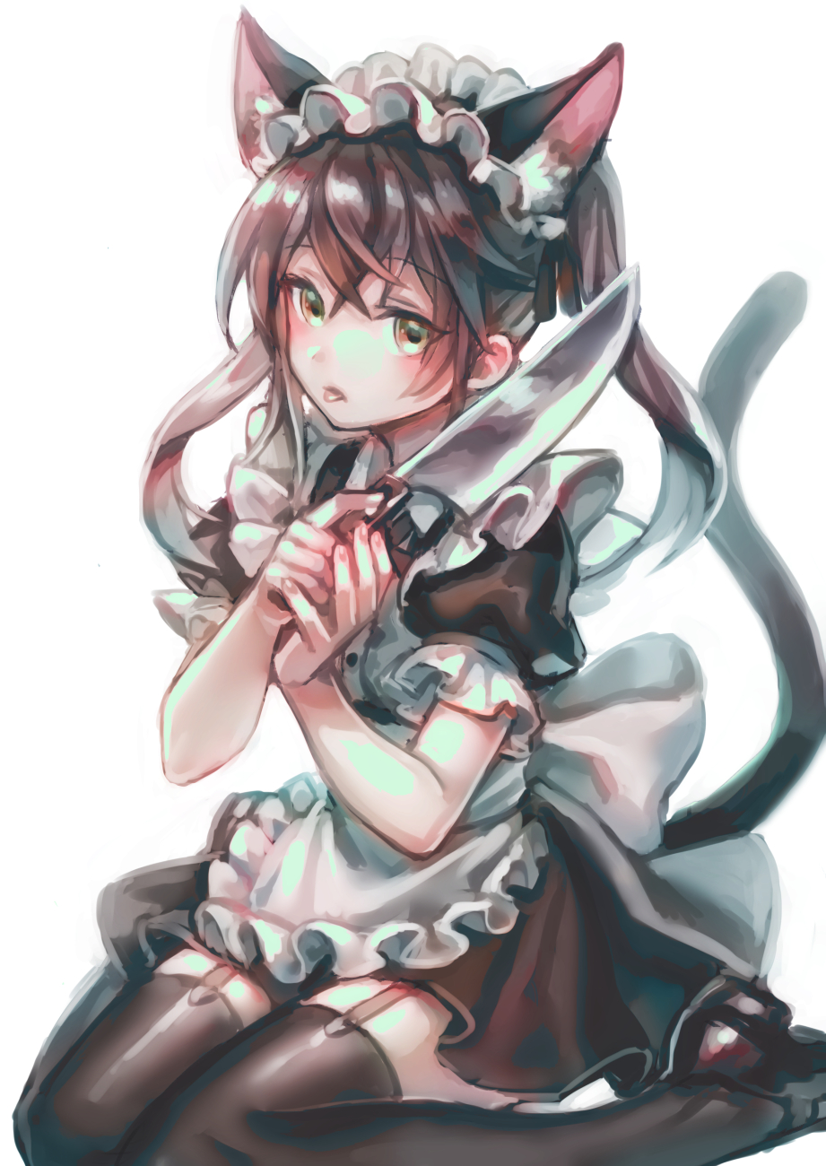 1girl animal_ear_fluff animal_ears apron bangs black_legwear brown_hair cat_ears cat_tail closed_mouth commentary_request crossed_bangs dress eyebrows_visible_through_hair eyes_visible_through_hair frilled_apron frilled_sleeves frills garter_straps hair_between_eyes hands_up highres holding holding_knife knife long_hair looking_at_viewer maid original puffy_short_sleeves puffy_sleeves short_sleeves simple_background sitting solo tail thigh-highs tongue tongue_out twintails wariza white_apron white_background yellow_eyes zoff_(daria)