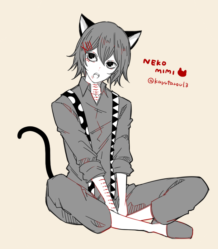 1boy animal_ears artist_name awara_kayu bangs black_eyes cat_ears cat_tail commentary_request fangs hair_between_eyes hair_ornament hairclip indian_style limited_palette male_focus open_mouth shirt short_hair simple_background sitting solo stitches suzuya_juuzou tail tokyo_ghoul tokyo_ghoul:re upper_teeth x_hair_ornament