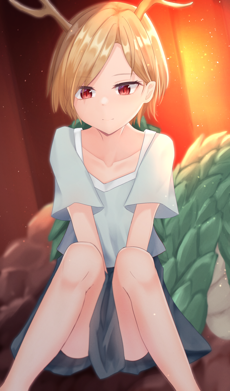 1girl antlers blonde_hair blue_shirt closed_mouth collarbone dakuazu dragon_girl dragon_horns dragon_tail highres horns kicchou_yachie looking_at_viewer red_eyes shirt short_hair short_sleeves sitting skirt smile tail touhou turtle_shell