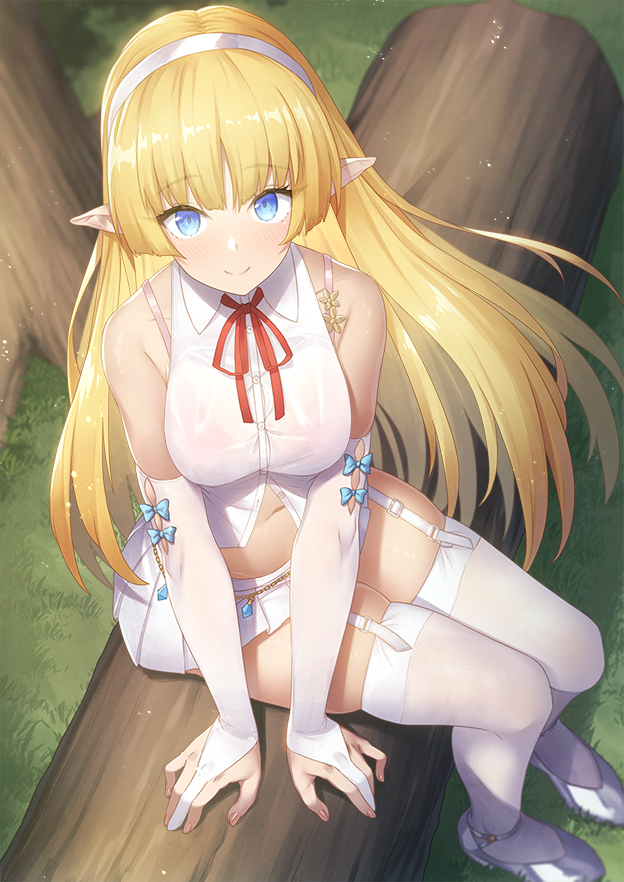 1girl bangs blonde_hair blue_eyes blush borrowed_character bra bridal_gauntlets closed_mouth crop_top elbow_gloves elf elf_no_radral garter_straps gloves ibuki_notsu long_hair looking_at_viewer navel original partially_unbuttoned pink_bra pointy_ears see-through_silhouette shirt sitting skirt sleeveless sleeveless_shirt smile solo thigh-highs underwear wet wet_clothes wet_shirt white_gloves white_legwear white_skirt