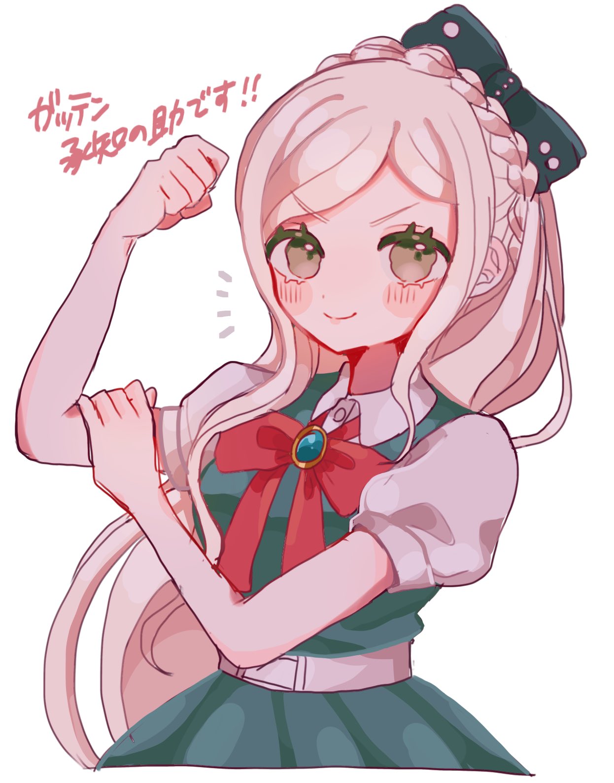 1girl ameko53133 bangs belt black_bow blonde_hair blush bow braid clenched_hand collared_shirt commentary_request cropped_legs dangan_ronpa_(series) dangan_ronpa_2:_goodbye_despair dress gem green_dress green_eyes hair_bow hand_up highres long_hair looking_at_viewer pink_hair puffy_short_sleeves puffy_sleeves red_bow shirt short_sleeves simple_background smile solo sonia_nevermind translation_request upper_body white_background