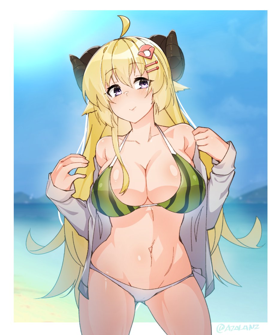 1girl ahoge animal_ears bare_shoulders bikini blonde_hair breasts food_print hair_ornament hairclip hololive horns large_breasts long_hair navel off-shoulder_jacket off_shoulder sheep_ears sheep_girl sheep_horns solo swimsuit tilt-shift tsunomaki_watame very_long_hair violet_eyes virtual_youtuber watermelon_print