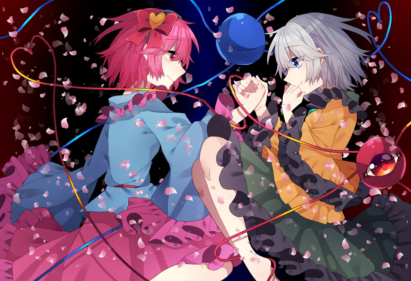 2girls bare_legs barefoot blue_dress blue_eyes dress eyebrows_visible_through_hair frilled_dress frilled_sleeves frills hair_ribbon heart heart_of_string holding_hands komeiji_koishi komeiji_satori long_sleeves looking_at_another multiple_girls no_shoes petals pink_hair pink_skirt red_eyes renka_(sutegoma25) ribbon rose_petals shirt short_hair siblings silver_hair sisters skirt smile touhou wide_sleeves yellow_shirt youkai