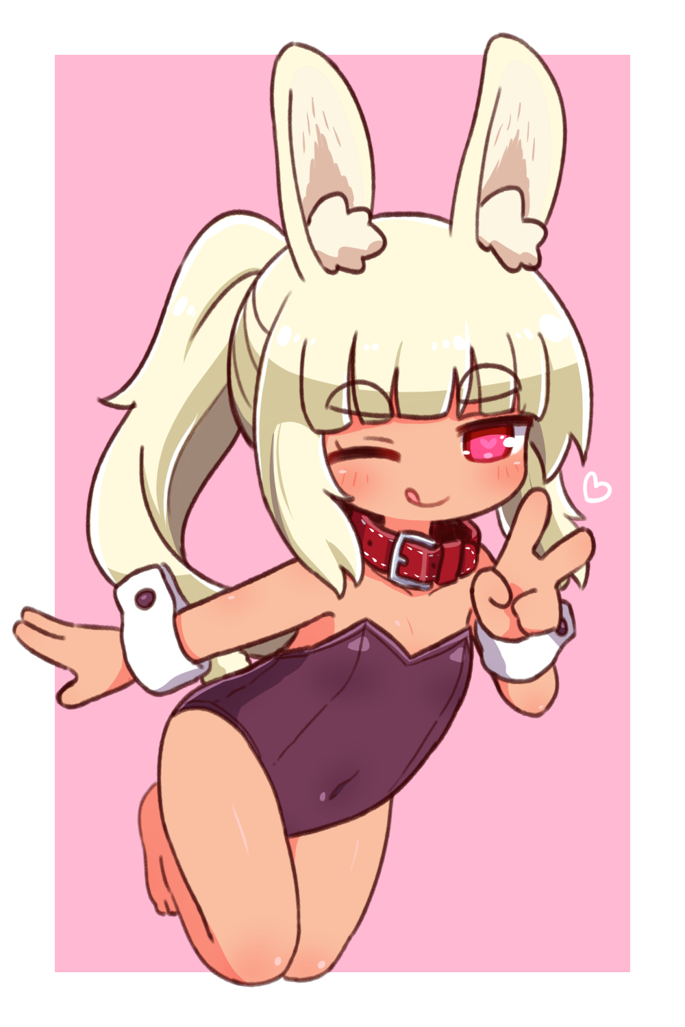 1girl :p animal_ear_fluff animal_ears bangs bare_shoulders black_leotard blonde_hair blunt_bangs blush border closed_mouth collar commentary_request covered_navel eyebrows_visible_through_hair flat_chest full_body hand_up heart heart-shaped_pupils highres kneeling leotard masurao_(sekaiju) masurao_2_(sekaiju) naga_u one_eye_closed outstretched_arm pink_background playboy_bunny ponytail rabbit_ears red_collar red_eyes sekaiju_no_meikyuu sekaiju_no_meikyuu_5 sidelocks smile solo symbol-shaped_pupils thick_eyebrows tongue tongue_out v white_border wrist_cuffs