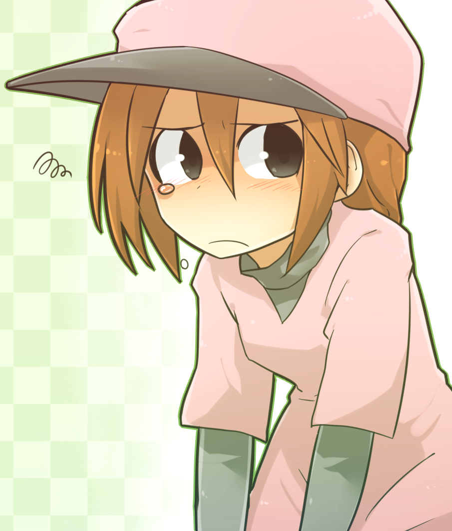 1girl bangs baseball_cap black_eyes blush brown_hair checkered checkered_background frown furrowed_brow gradient gradient_background green_background grey_shirt hair_between_eyes hat jiima_tarou leaning_forward long_sleeves looking_back minna_no_rhythm_tengoku pink_headwear pink_shirt pitcher-chan rhythm_tengoku shaded_face shirt short_hair short_sleeves slouching solo squiggle tearing_up undershirt unhappy upper_body