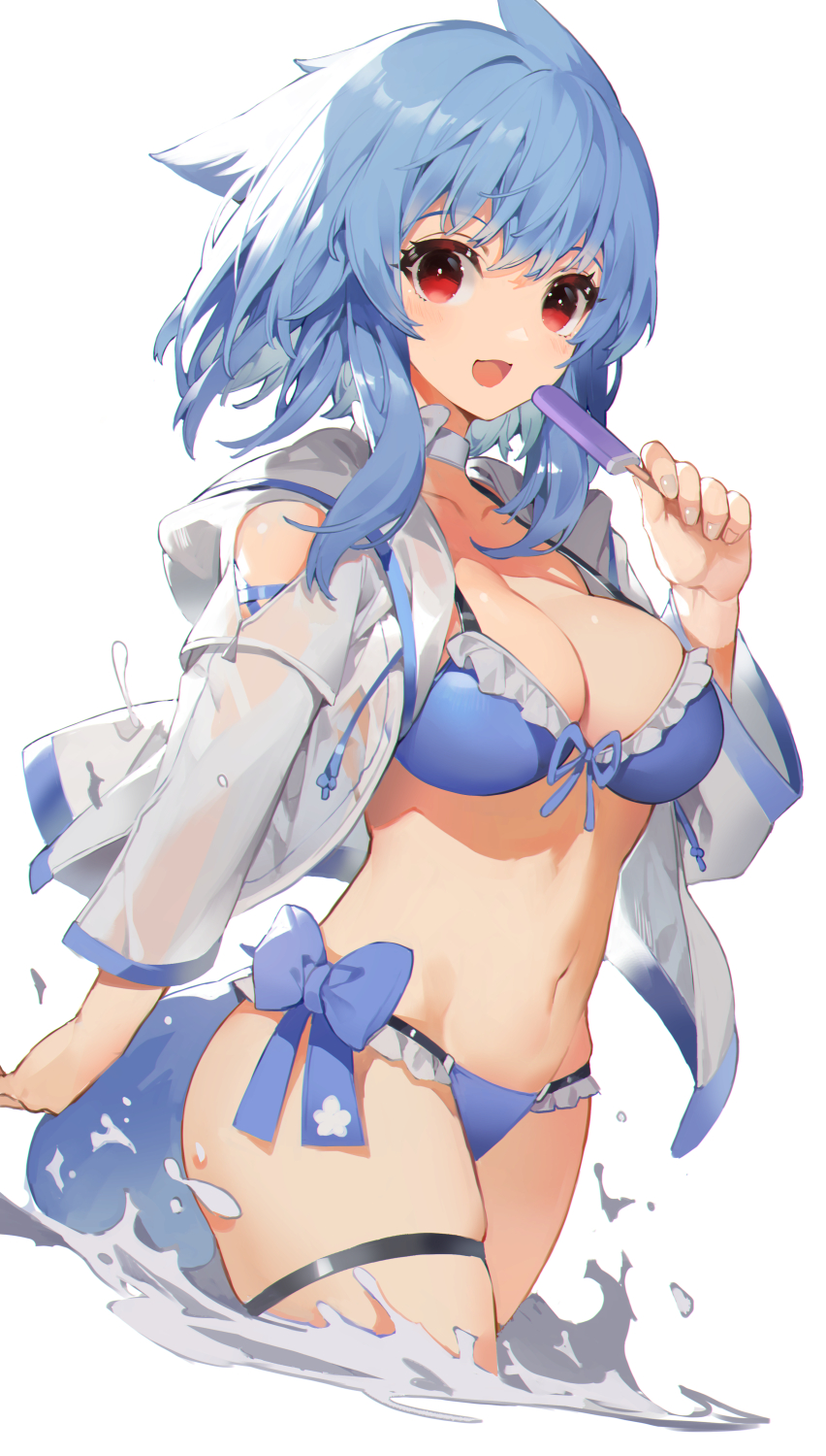 1girl :d akizone bikini blue_bikini blue_bow blue_hair bow breasts choker clothing_cutout collarbone food frilled_bikini frills highres holding jacket large_breasts leg_garter looking_at_viewer navel open_clothes open_jacket open_mouth original partially_submerged popsicle red_eyes short_hair shoulder_cutout simple_background skindentation smile solo strap_gap swimsuit water white_background white_choker white_jacket