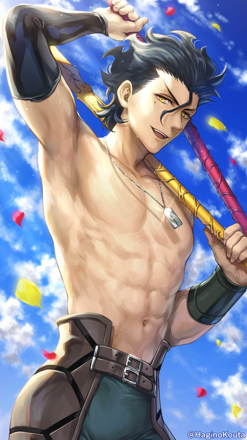1boy :d arm_up black_hair blue_sky brown_eyes clouds collarbone commentary_request day dual_wielding fate/grand_order fate/zero fate_(series) gae_buidhe_(fate) gae_dearg_(fate) glint hagino_kouta hair_between_eyes hand_up highres holding holding_polearm holding_spear holding_weapon lancer_(fate/zero) looking_at_viewer male_focus mole mole_under_eye navel open_mouth outdoors petals polearm shirtless sky smile solo spear twitter_username v-shaped_eyebrows weapon