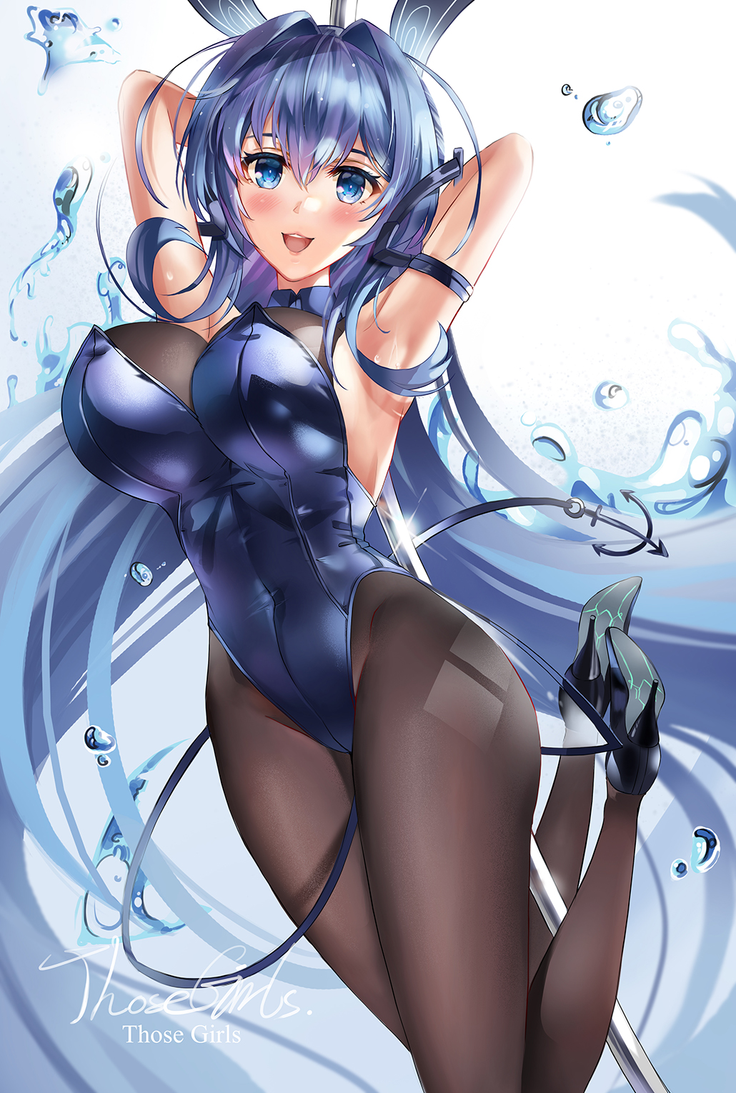 1girl absurdly_long_hair air_bubble anchor_ornament animal_ears armpits arms_behind_head artist_name azur_lane black_legwear blue_eyes blue_hair bodystocking breasts bubble covered_navel detached_collar fake_animal_ears full_body high_heels highleg highleg_leotard highres large_breasts leotard long_hair looking_at_viewer new_jersey_(azur_lane) new_jersey_(exhilarating_steps!)_(azur_lane) official_alternate_costume open_mouth oversized_breast_cup playboy_bunny pole pole_dancing purple_leotard rabbit_ears skin_tight solo strapless strapless_leotard thighs those_girls very_long_hair